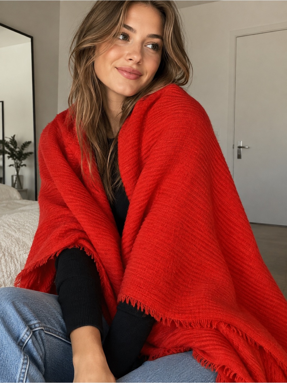 ZARA Accessories Oversized Red Textured Lightweight Scarf Wrap